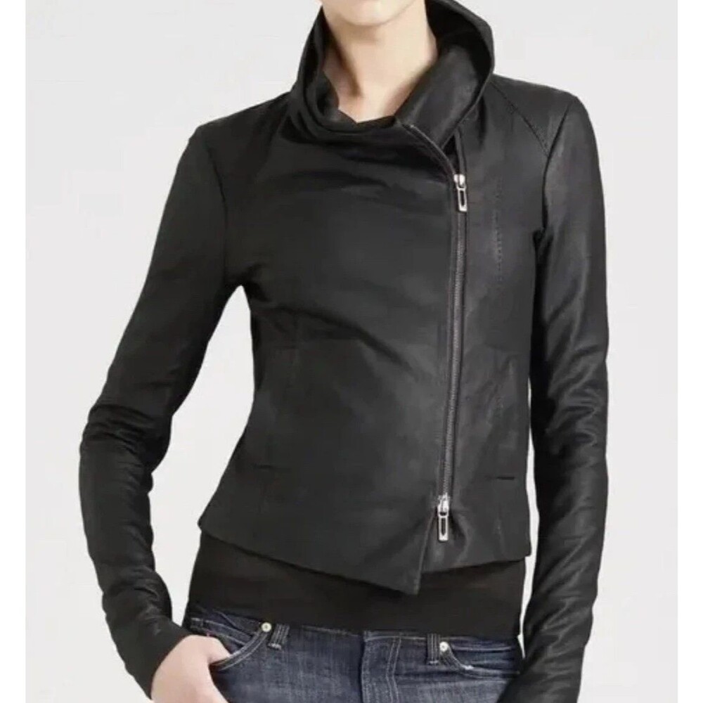 Vince Paper Leather Scuba Jacket Womens Size Large Black 100% Goat Leather Biker